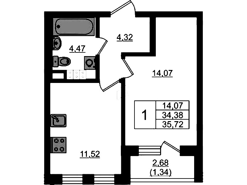 1-комнатная квартира 35.72 м², 4/4 эт., ЖК «Новая история»